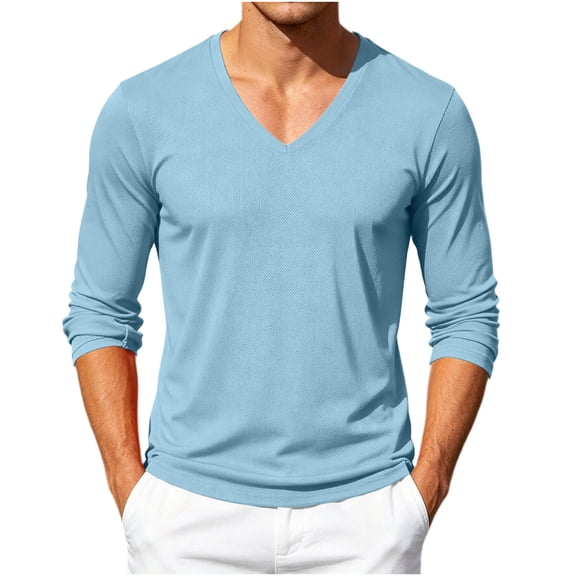 Kosheko Men's V-Neck Mesh Breathable Long-Sleeve Tee, Moisture Wicking Quick-Dry Fabric for gym practices Blue M