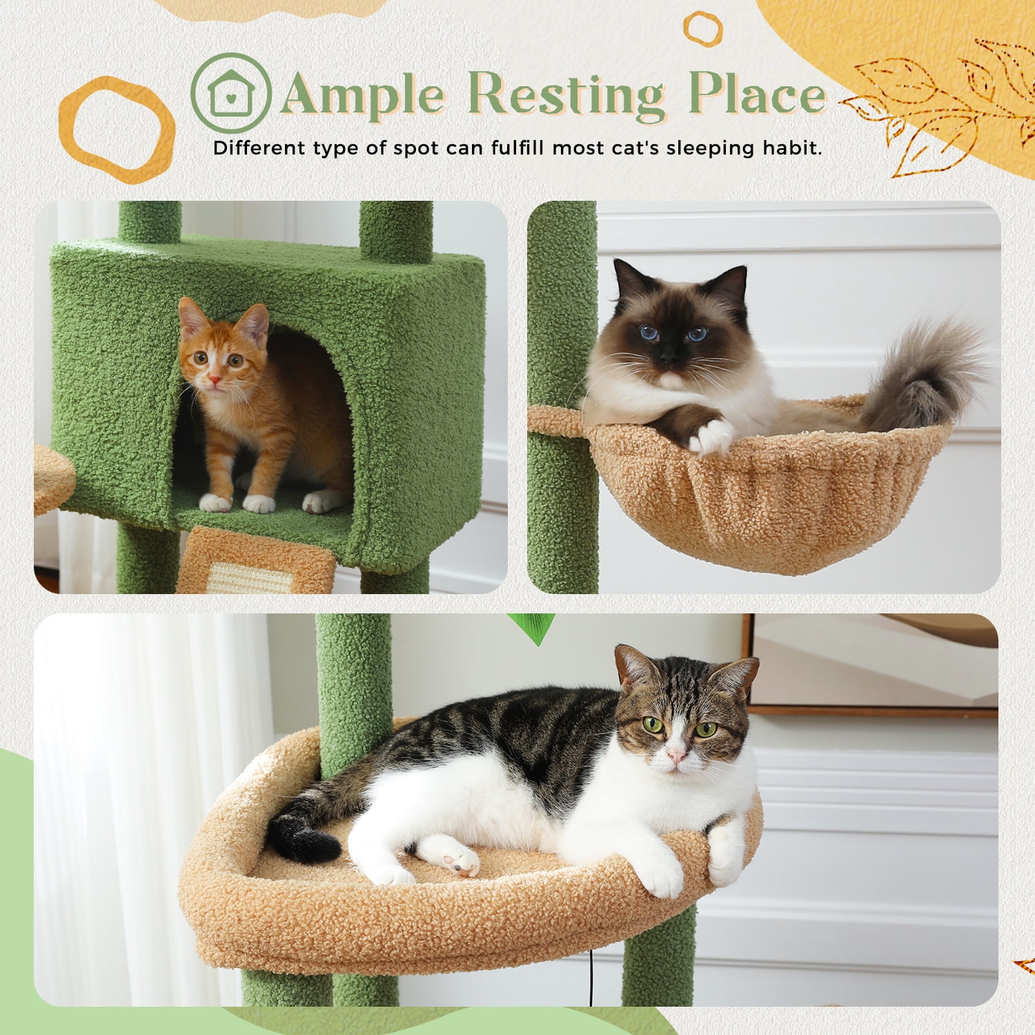 PEQULTI 53" Cactus Cat Tree for Indoor Pet Large Cat Tower with Hammock & Scratching Ladder Green