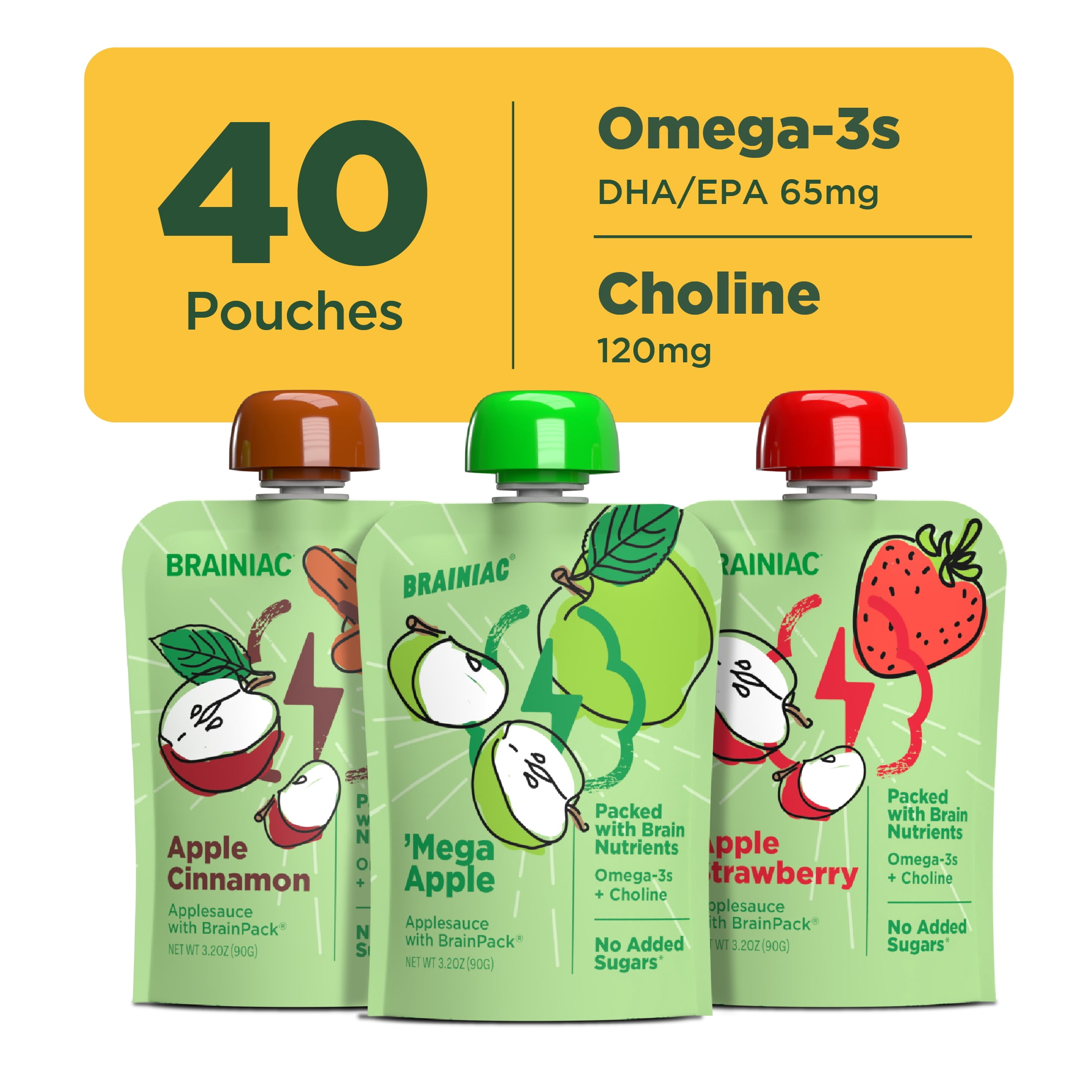 Brainiac Omega-3 Applesauce Variety Pack, No Sugar Added, 3.2oz, 40 Ct