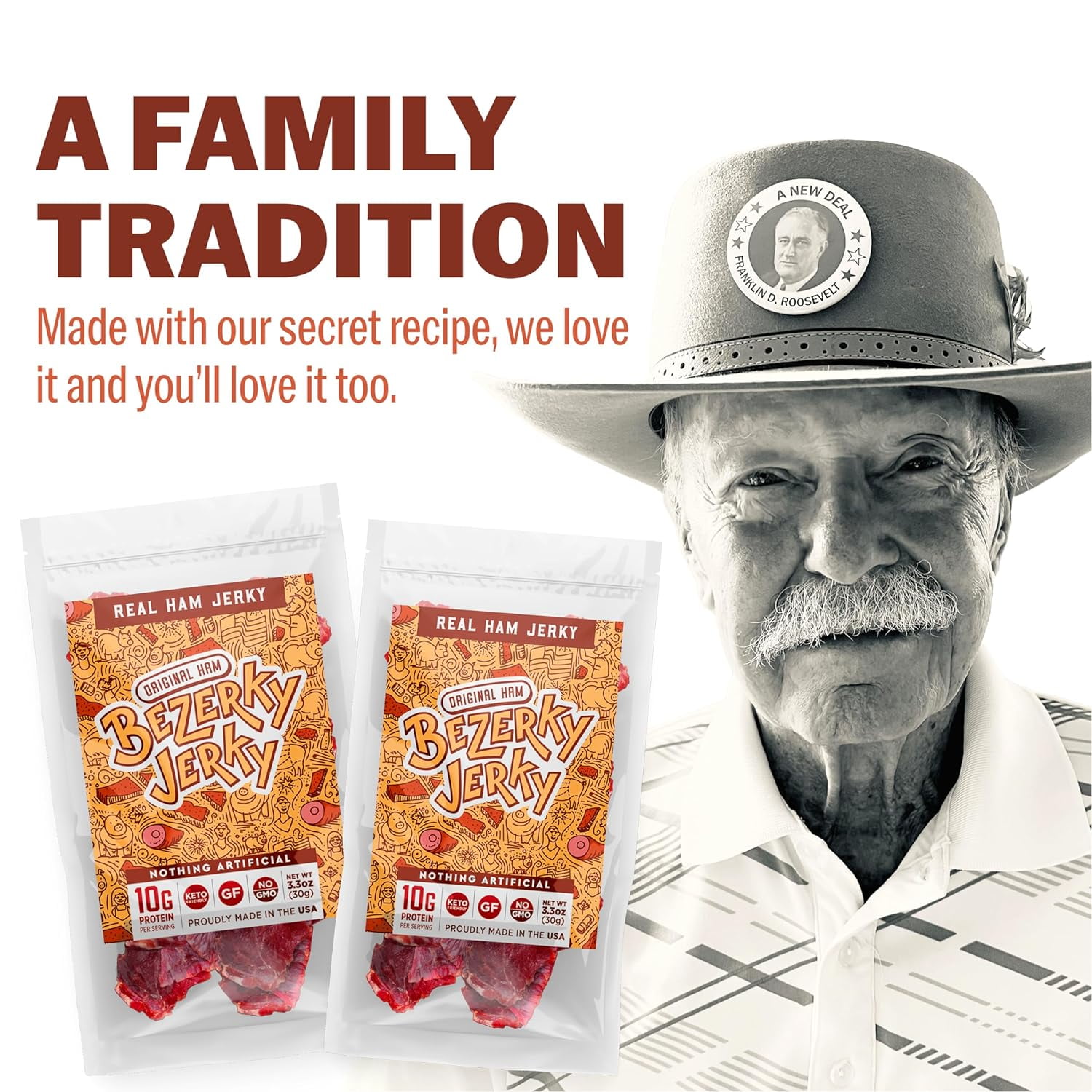 Bezerky Jerky All-Natural Premium Ham Jerky, Keto-Friendly, Made in the USA, Gluten-Free, Non-GMO, Low Carbs, High Protein Snacks, Old Fashioned Recipe, 3.3 Oz (Pack of 3)