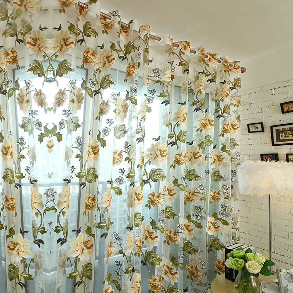 Door Window Curtain Plant Floral Pattern Sheer Voile Tulle Drape Valances Flower Pattern 1/2