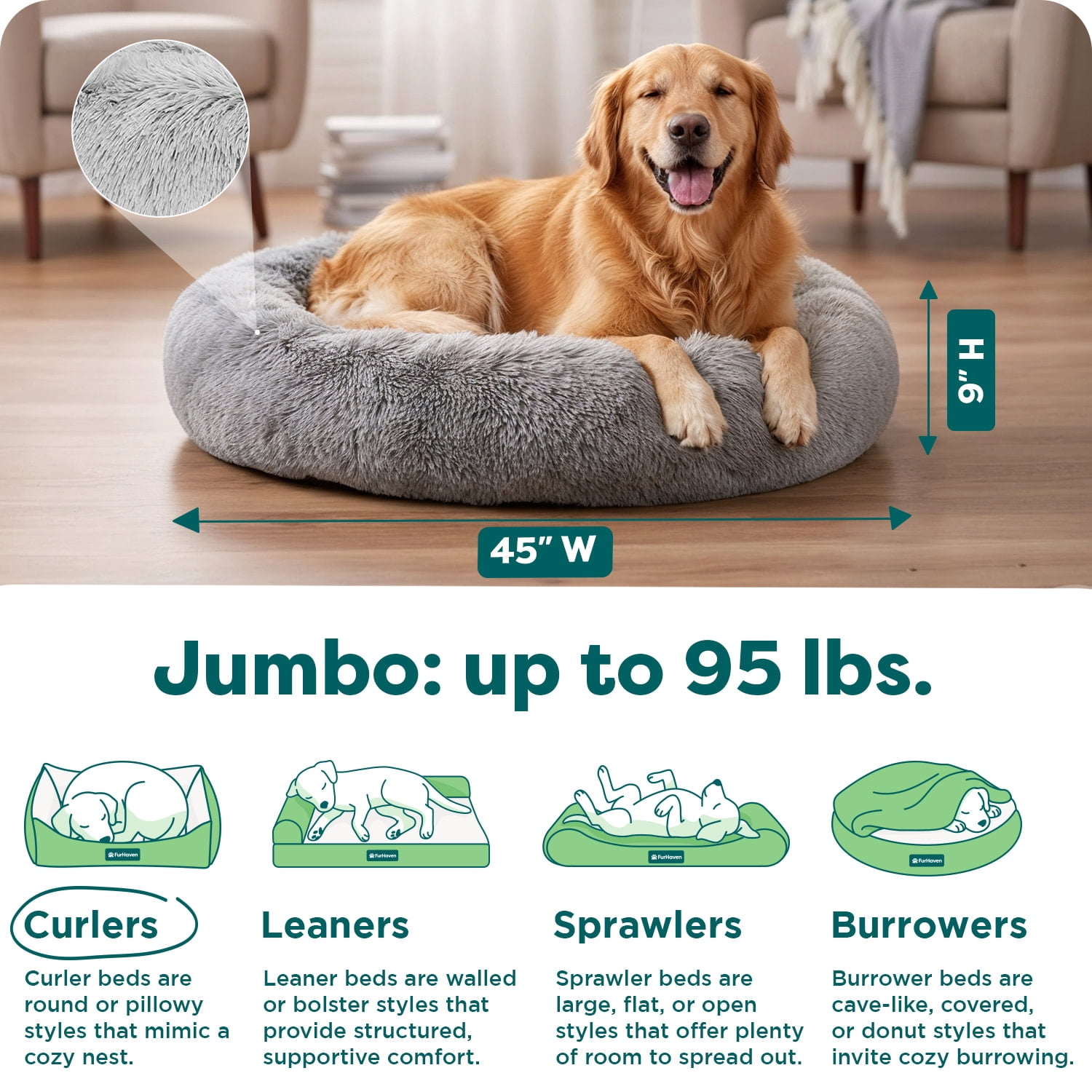 FurHaven 45" Calming Donut Dog Bed for Large Dogs, Round Plush Donut with Soft Filling for Snuggling Comfort, Removable Washable Cover, Jumbo XL, Shaggy Faux Fur, Mist Gray