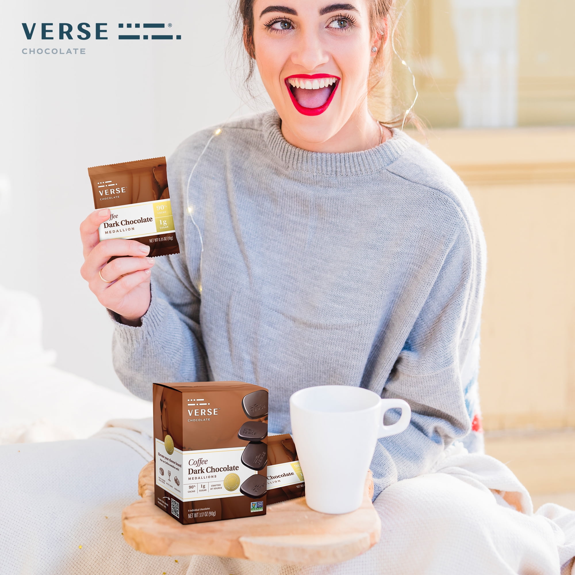 Verse Luxury Dark Chocolate Coffee Squares - Gluten Free, Keto Low Sugar Snack - 90% Dark Cocoa - Only 1g Cane Sugar - Individually Wrapped Vegan Cacao Chocolate Squares (9 Count, 4 Pack)