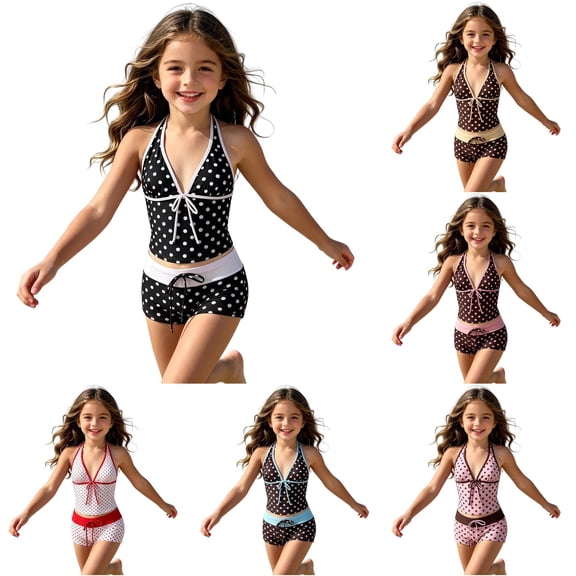XAOFW Girls Swimsuit 2 Piece Swimwear Sets Polka Dot Tie Front Strappy Tankini Sets Casual Summer Girls Bathing Suit For Beach Activities Comfortable Swim Wear 9-10 Years