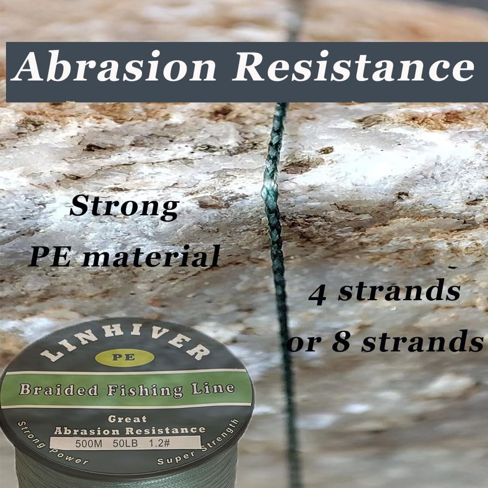 LinHiver Braided Fishing Line, Strong Power, Great Abrasion Resistance, Thin Diameter, No Stretch, Low Memory and High Sensitivity(328Yds, 4 strands, 50LB, military green)