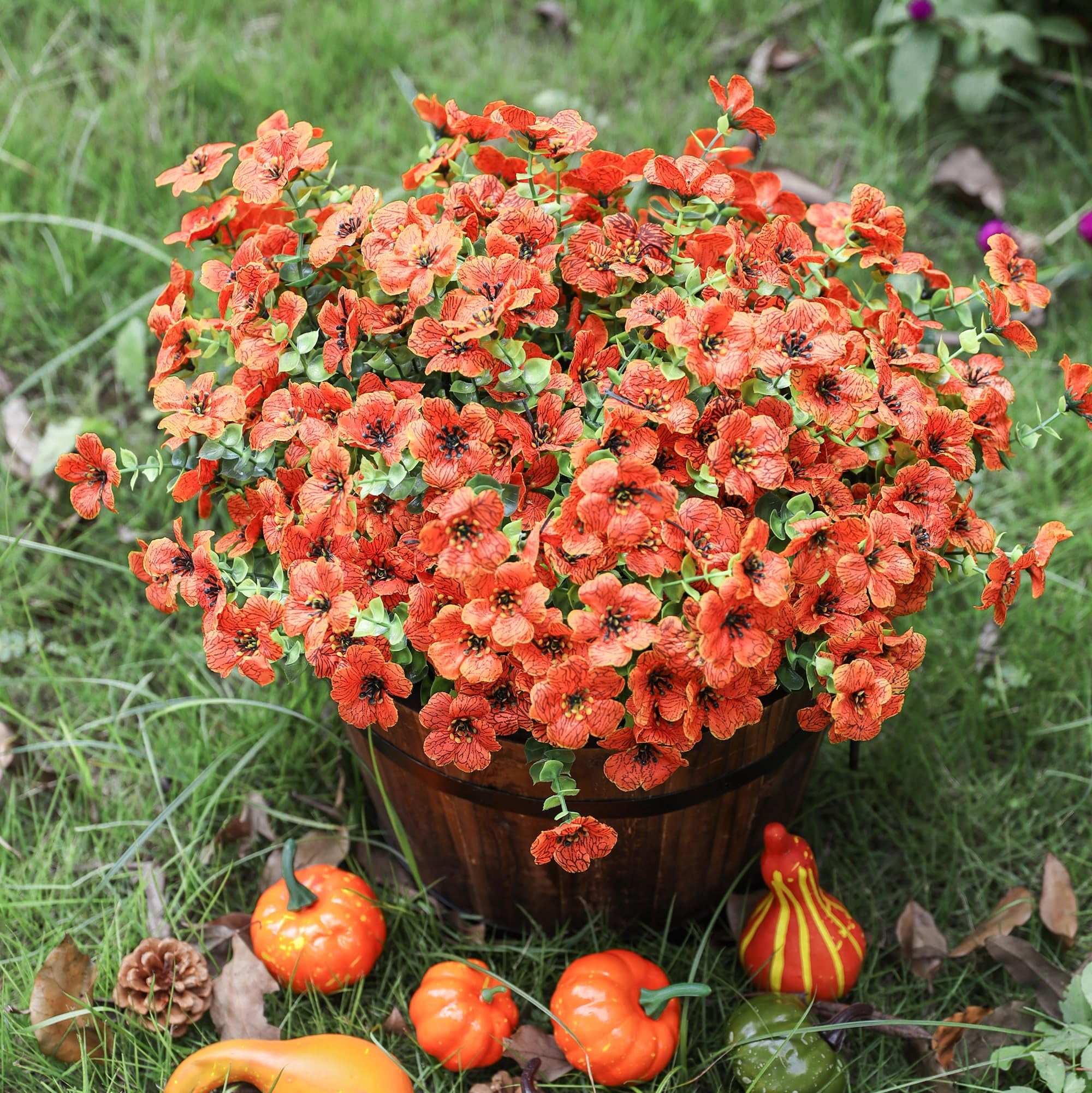 TETOU 16Pcs Artificial Plants Flowers, 13.8*7.5" Fake Silk Colorful Daisy Eucalyptus, UV Resistant Fake Flowers with Plastic Plants for Outside Home Porch Patio Window Yard Decor, Orange Green