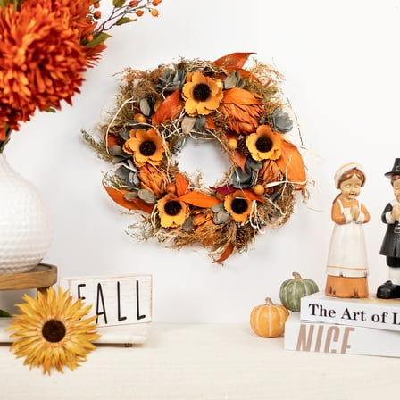Northlight Shaved Wood Sunflowers and Wheat Small Artificial Fall Harvest Wreath - 12" - Unlit