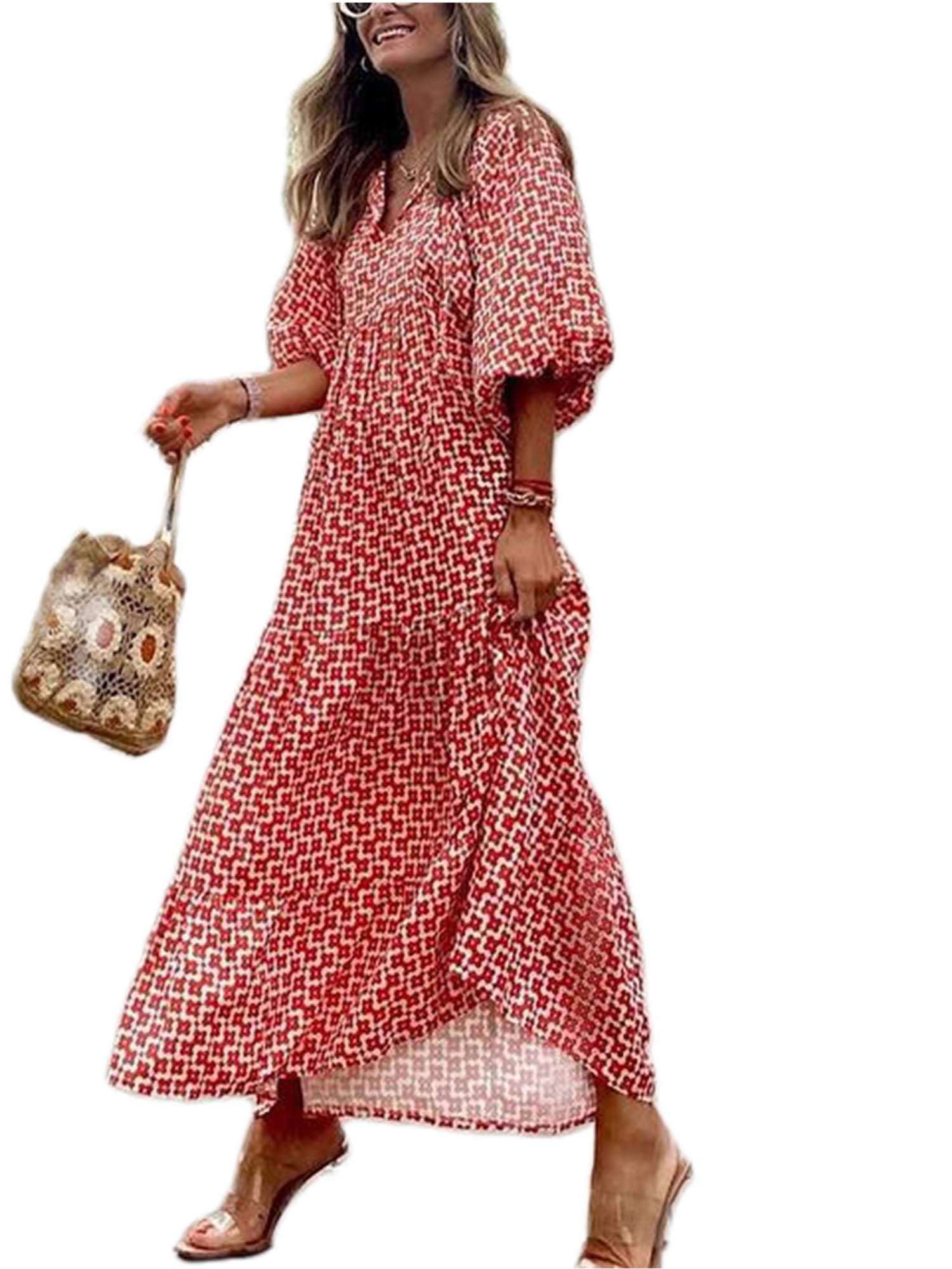 Mildsown Women Geometric Print Long Dress, Vneck Puff Long Sleeve Loose Fashion Dress for