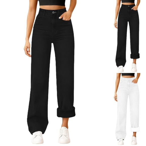 Women's Fleece Lined Straight Leg Jeans High Waisted Warm Comfort Winter Denim Soft Thermal Casual Trousers