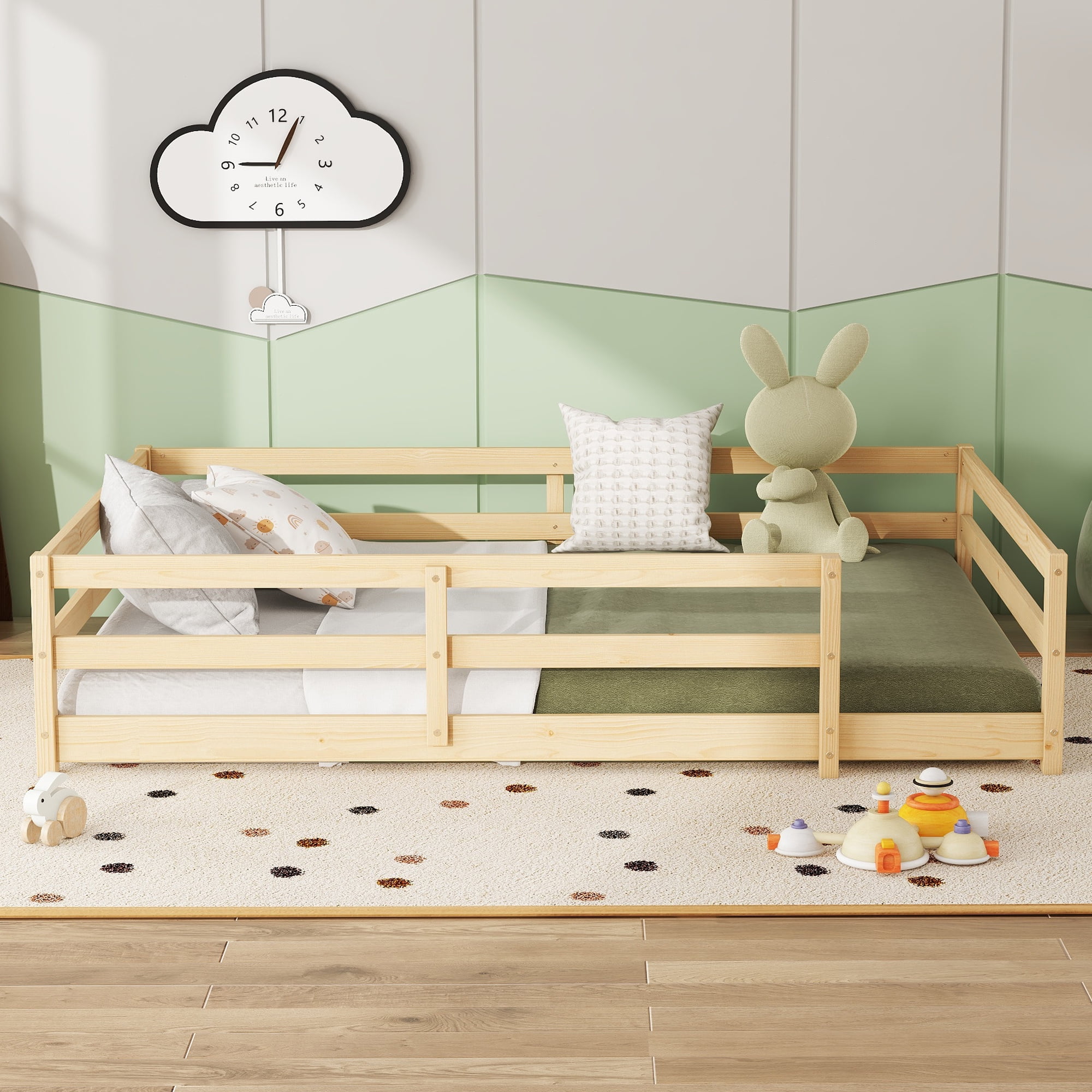 Holaki Full Size Bed Frame with Rails,Wood Montessori Floor Bed Twin Size,Floor Bed with Fence,Montessori Floor Bed for Girls and Boys,77"x58.1"x15.7",Natural