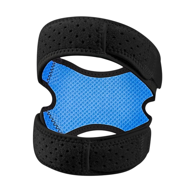 Compression knee brace for knee pain relief and support, featuring a black and blue design with double compression patella straps, anti-slip silicone strips, and a breathable honeycomb texture. Made of high-elastic polyester, it provides stability and comfort. Ideal for fitness, yoga, running, and other activities.