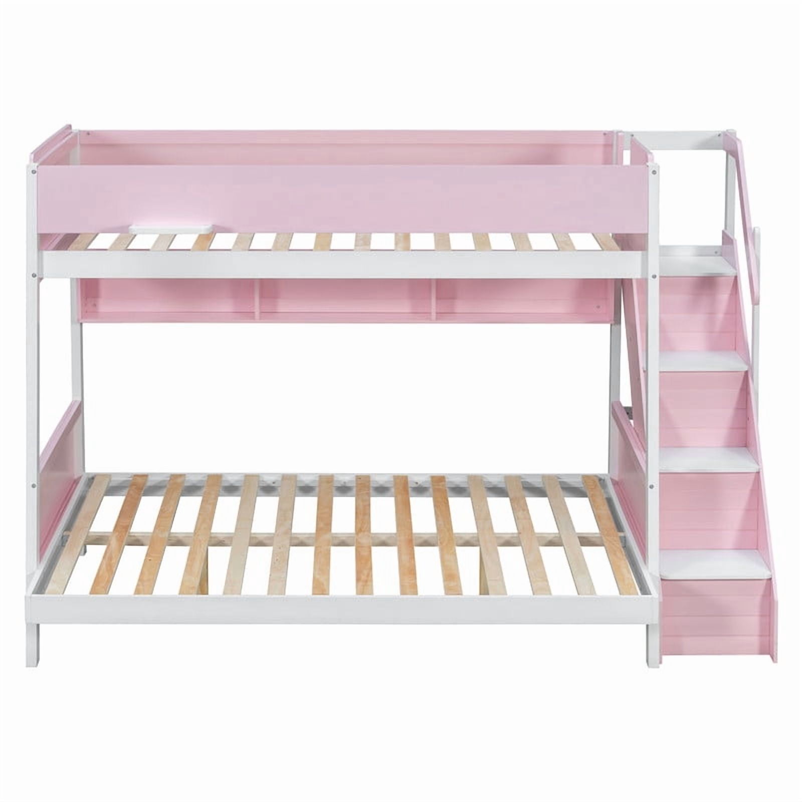 Twin over Full Bunk Bed with Striped-Design Staircase, Kids Teens Wooden Storage Bed Frame with Side Shelves