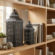 Temple Moroccan Style Lantern Decorative Candle Holder for Home Decor, Black, Set of 2