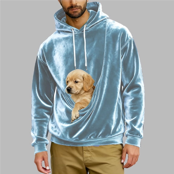 UQJfacai Mens Kangaroo Pouch Hoodie for Dogs Cats Velvet Pet Carrier Hooded Sweatshirt Animal Holder Long Sleeve Pullover Tops S-3XL