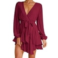 thumbnail image 1 of Vestido skater mini con escote en V profundo y manga larga con cinturón y cordones para mujer,rojo,L, 1 of 6