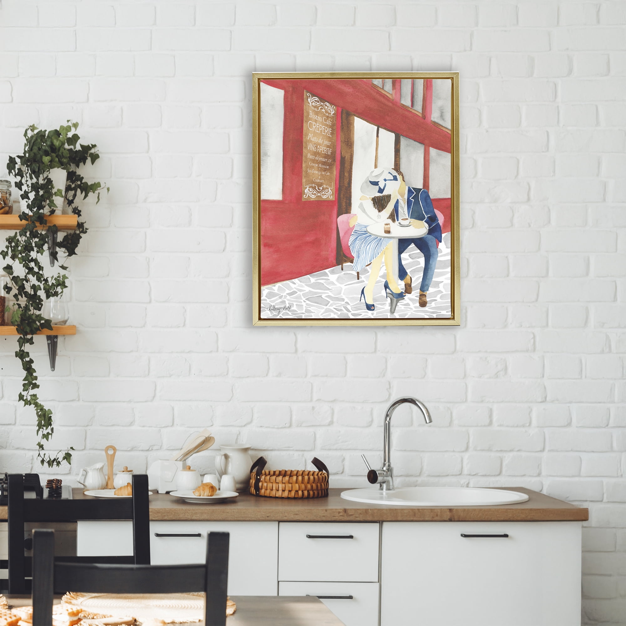 Stupell Industries Kiss At Parisian Cafe Gold Framed Floater Canvas Wall Art, design by Hillary Holt