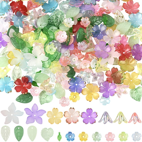 1 Box 500Pcs Acrylic Flower and Leaf Beads Assorted Floral Beads Kit Green Pink Small Cute Spring Cherry Lily Caps Blossom Spacer