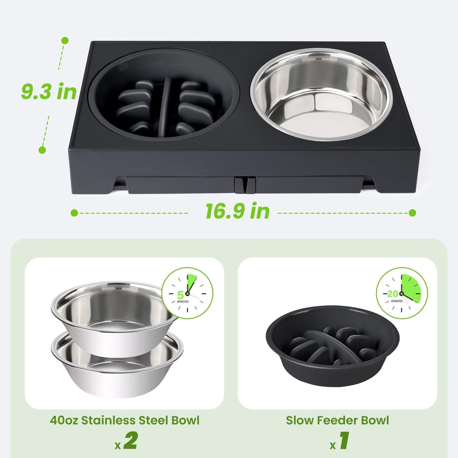 Elevated Dog Bowls, 5 Adjustable Heights Raised Dog Bowl Stand, with 2 Stainless Steel Dog Food Bowls and 1 Slow Feeder Dog Bowl