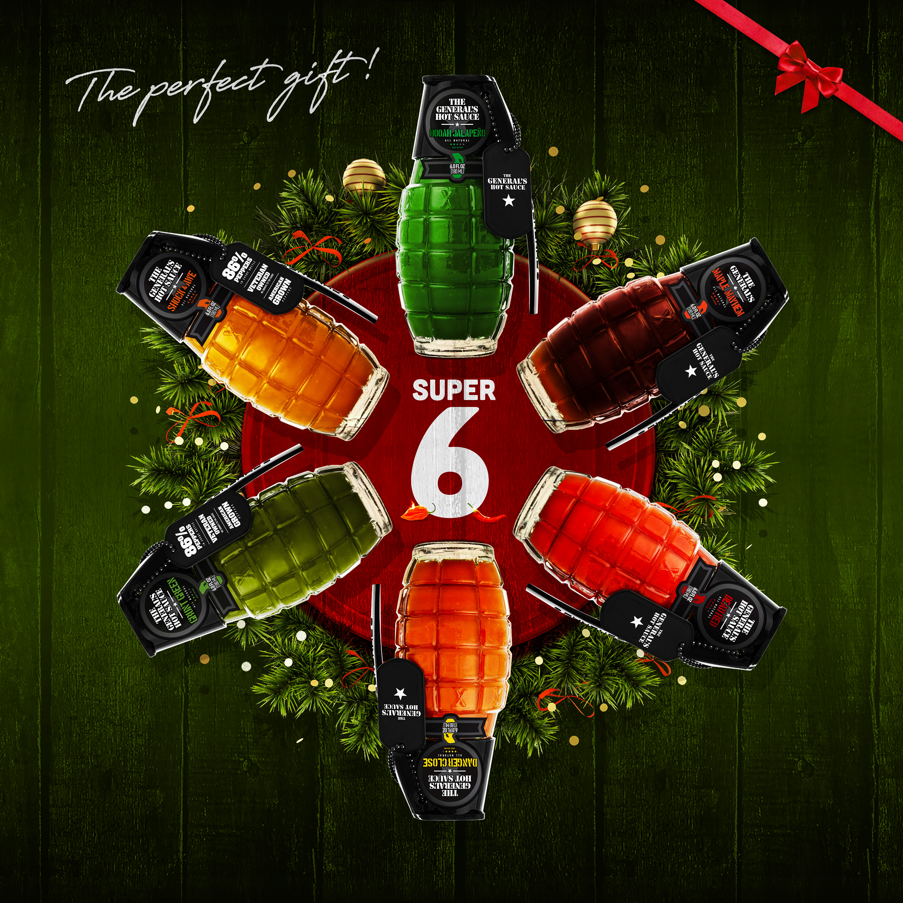 The General’s Hot Sauce Super 6 Gift Set, 5 Hot Sauces + 1 Hot Maple Syrup, 6-Pack (6oz Bottles)
