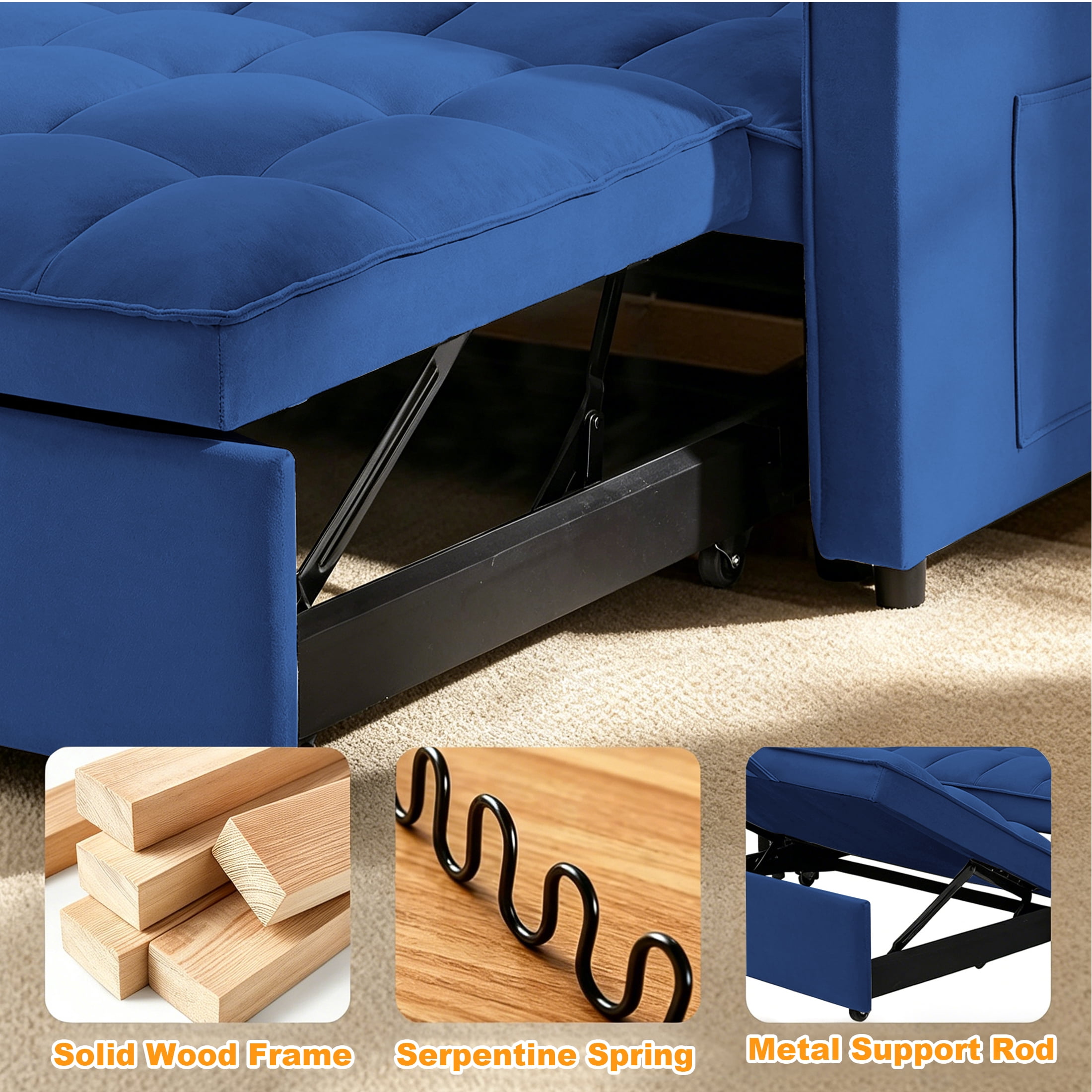AISWORD Convertible Sofa Bed, 3 in 1 Pull Out Sleeper Loveseat Couch with Storage, Blue