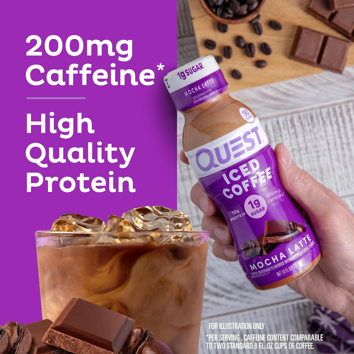 Quest Iced Coffee Drink, Mocha Latte Flavor, 1g Sugar, 200mg of Caffeine, 10 fl oz., 12 Count