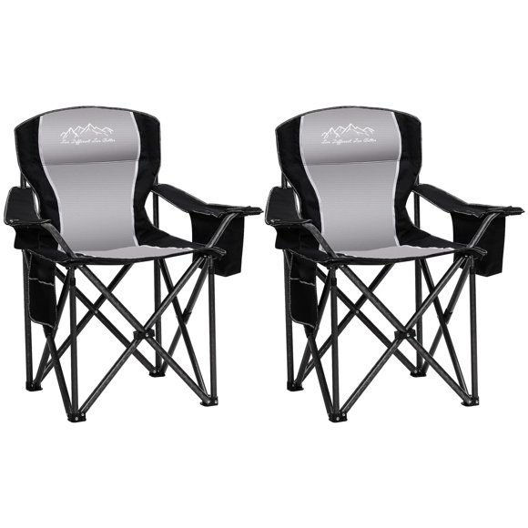 SAILARY 2PCS Folding Camping Chair, Heavy Duty Portable Lawn Chairs with Cooler Bag, Side Pocket & Cup Holder, Folding Chairs for Outside Support 450lbs Black