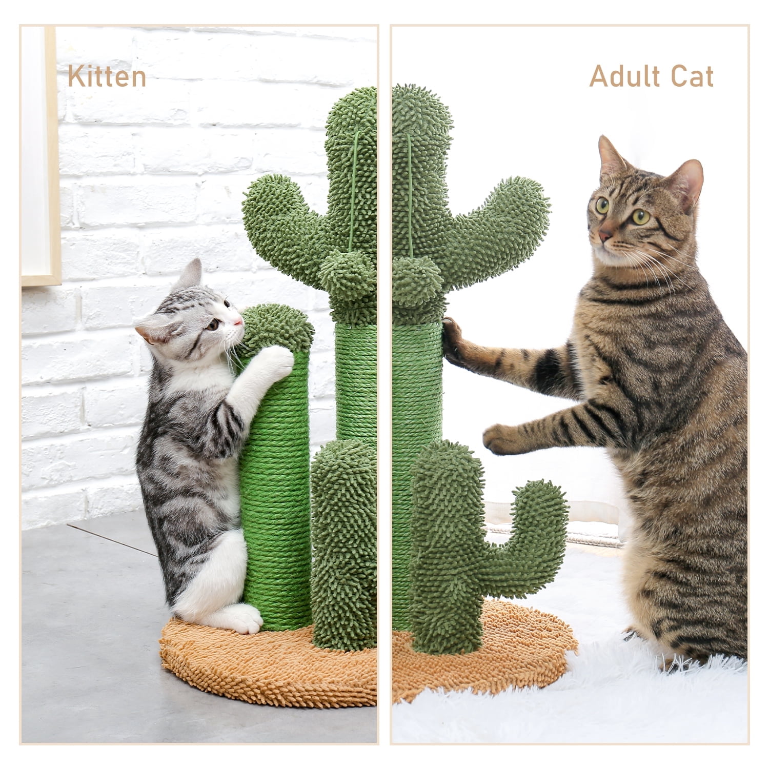 Pefilos 20" Cat Scratching Post for Adult Cats Cactus Cat Scratcher for Large Cats Featuring with 3 Scratching Poles and Interactive Dangling Ball Cat Tree for Indoor Cats, M