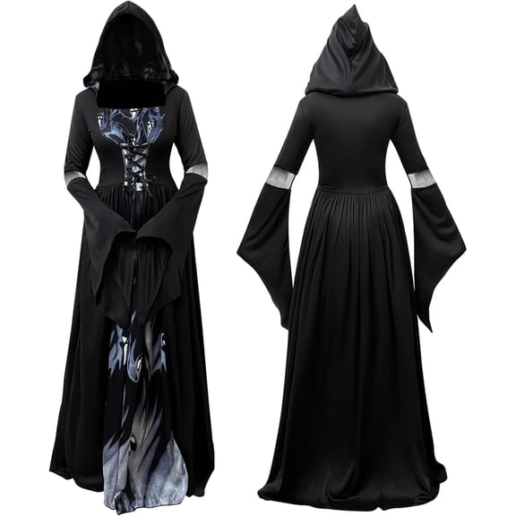 Women Dark Gothic Hooded Witch Dress, Vampire Fancy Halloween Costume, Black Medieval Hooded Maxi Gown with Bell Sleeves Lace-Up Waist