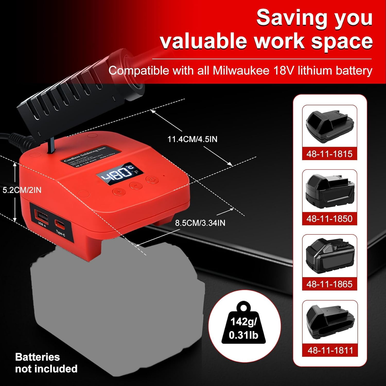 Soldering Iron Station Compatible with Milwaukee M18 18V Battery, Cordless Soldering Iron Kit with LCD Display, USB & Type-C, Battery Powered Soldering for DIY, Appliance Repair (Tools Only)