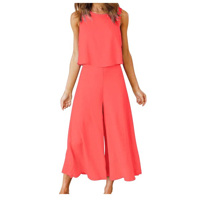 Mikilon Ensemble Élégant pour Femmes 2 Pcs Col Rond Sans Manches Shorts Haut Plus Pantalon Large Coton et Lin Col Rond Sans Manches Shorts, Pantalon Large, Ensemble Pantalon Long Orange S
