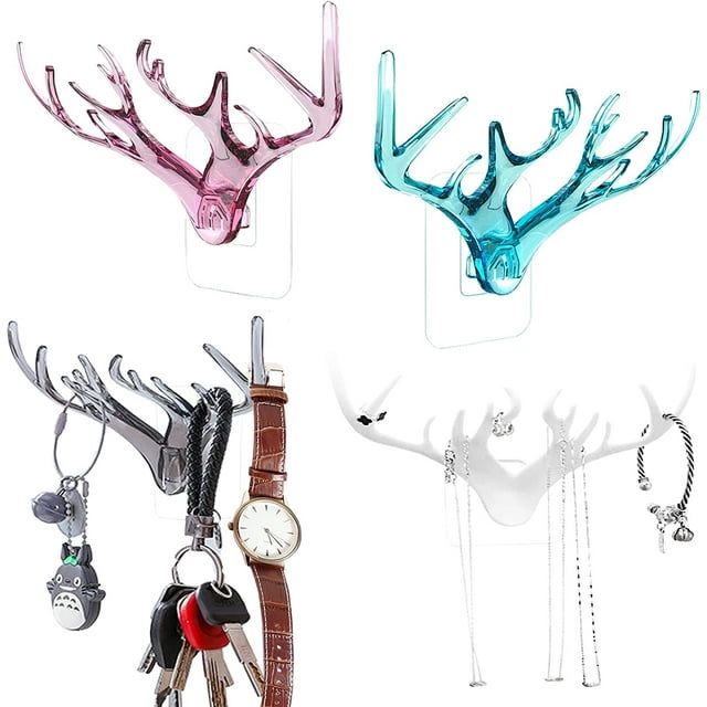 4 ganchos decorativos multiusos con diseño de asta de ciervo de la suerte para colgar en la pared, 4 colores, aptos para entrada, guardarropa, oficina, baño, sala de estar y cocina