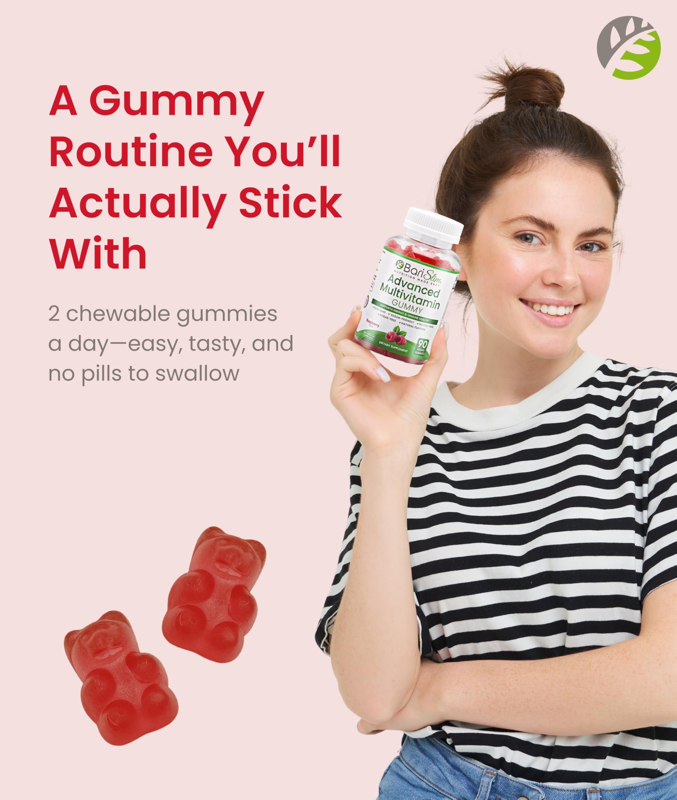 BariSlim Multivitamin Gummies, Immune &  Nutrient Deficiency Support, Raspberry Flavor, 90 Count, 10.6 oz, Adult