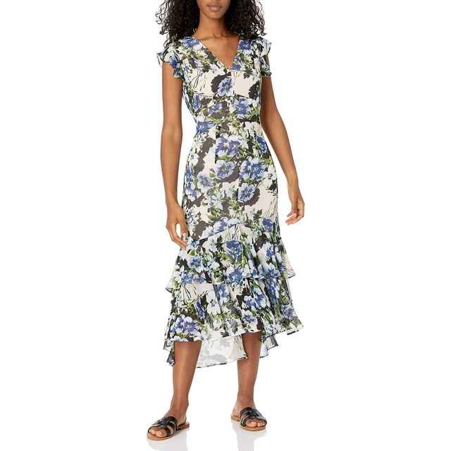 Tommy Hilfiger Robe en Chiffon à Fleurs Rivera pour Femmes, Poudre/bleu Multi, 4