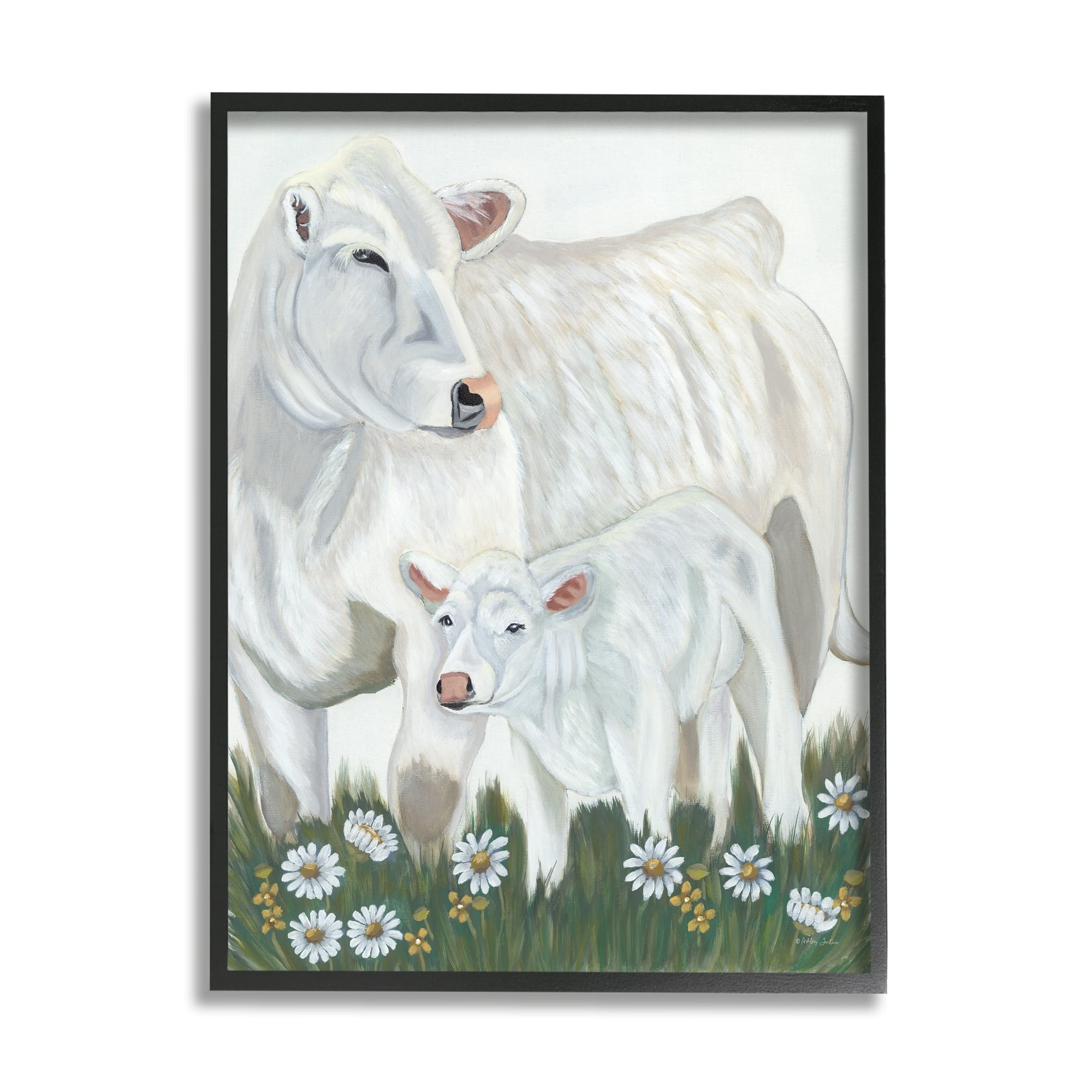 Stupell Industries White Cattle Family Mother Baby Calf Daisy Meadow Painting Gray Framed Art Print Wall Art, Design by Ashley Justice