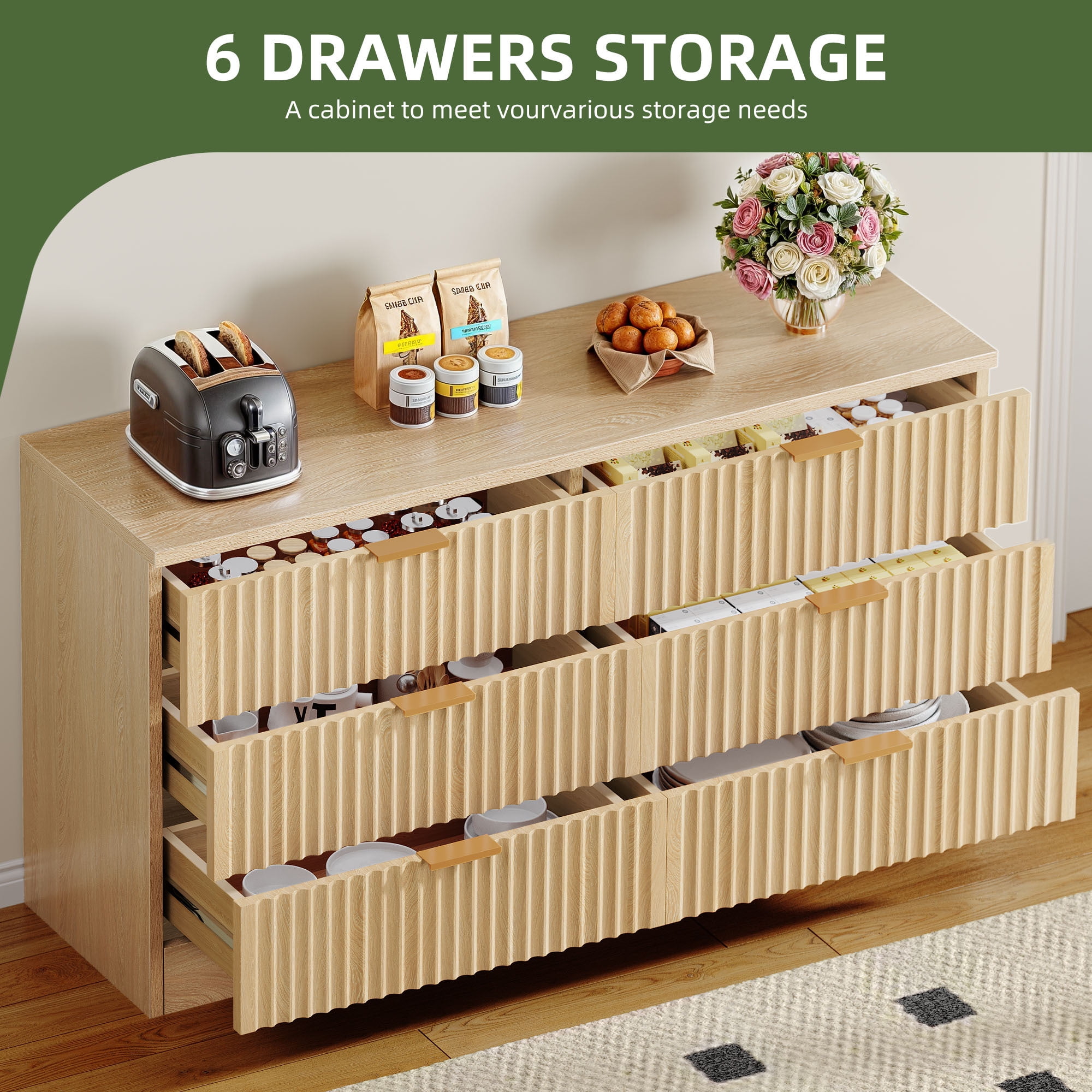 Uforic 6 Drawers Fluted Double Dresser, MDF Chest of Drawer Storage Cabinet, Natural