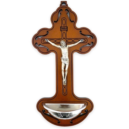 Italian Wood Holy Water and Crucifix Font Fountain