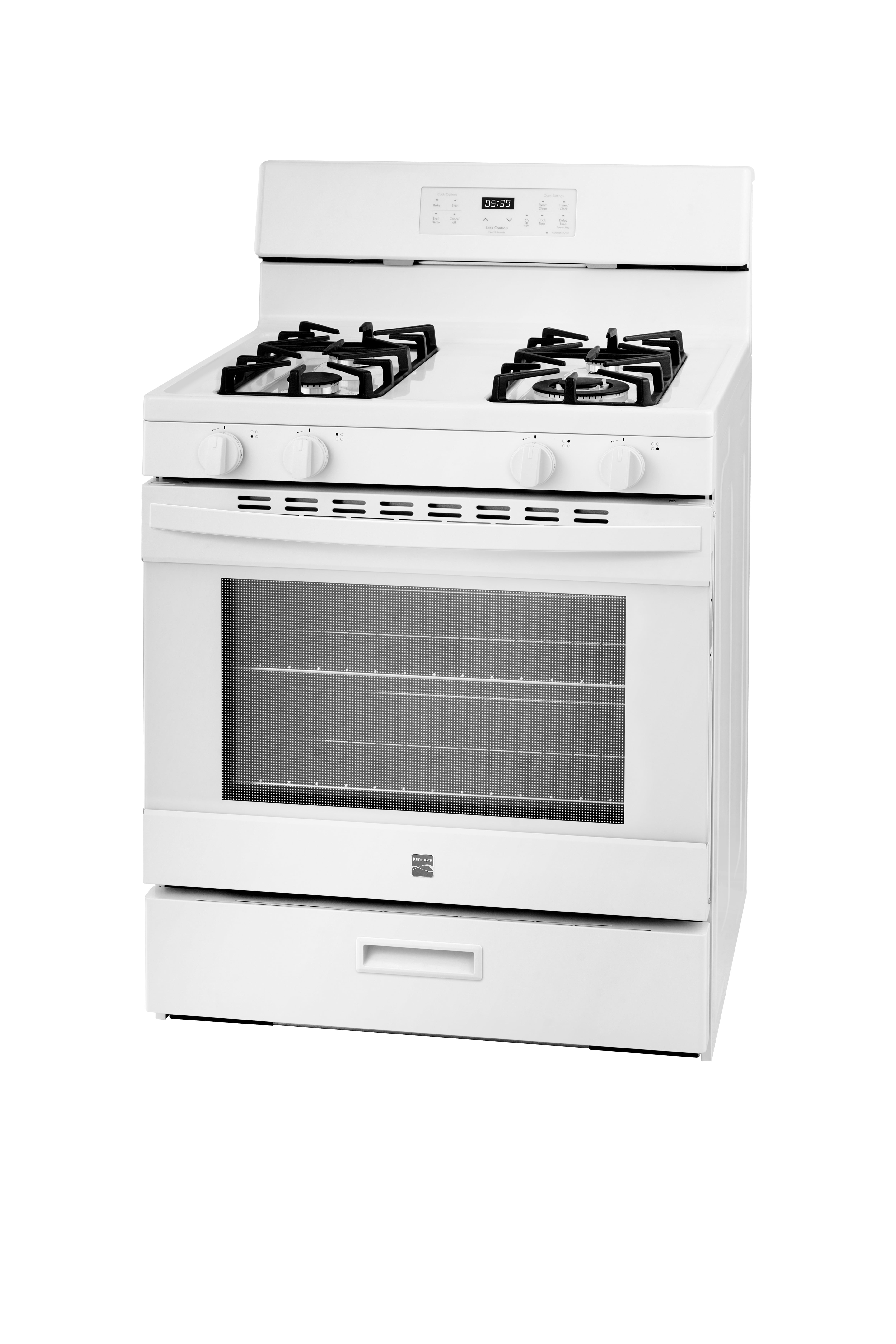 Kenmore 30" Rear-Control 4-Burner Gas Range with Oven with Cast Iron Grates, Steam Clean, White, 5.2 Cu. ft