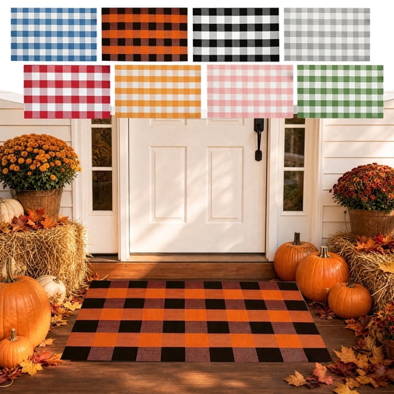 LEFXSMR Large Plaid Welcome Mat, 31.5*19.9 inch Thanksgiving Non-Slip Front Door Mat, Hand-Woven Washable Outdoor Rug Entrance Fall Decor