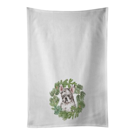 

French Bulldog Puppy Pied Christmas Wreath White Kitchen Towel Set of 2 19 in x 28 in