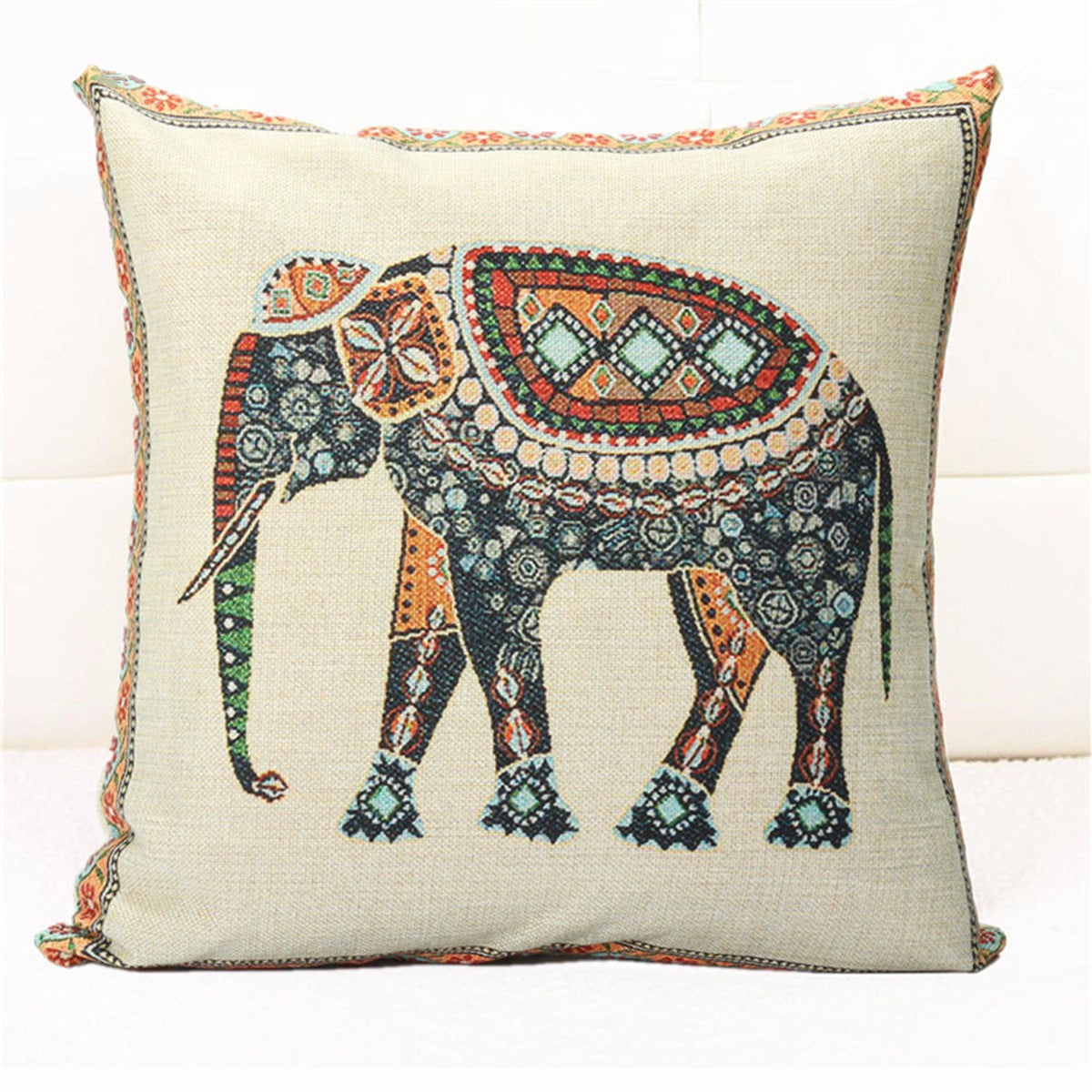 18 Inch Elephant Pillow Case Cotton Linen Square Sofa Cushion Cover Home Decor 