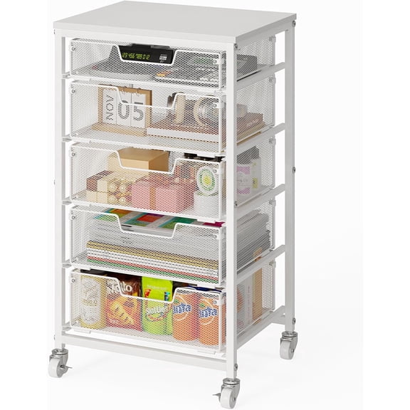 Utility Cart with 5 Drawers, Rolling Storage Cart with Wooden Tabletop and Lockable Wheels, Storage Drawer Cart Craft Cart for Bedroom, Classroom, Home, Office, White