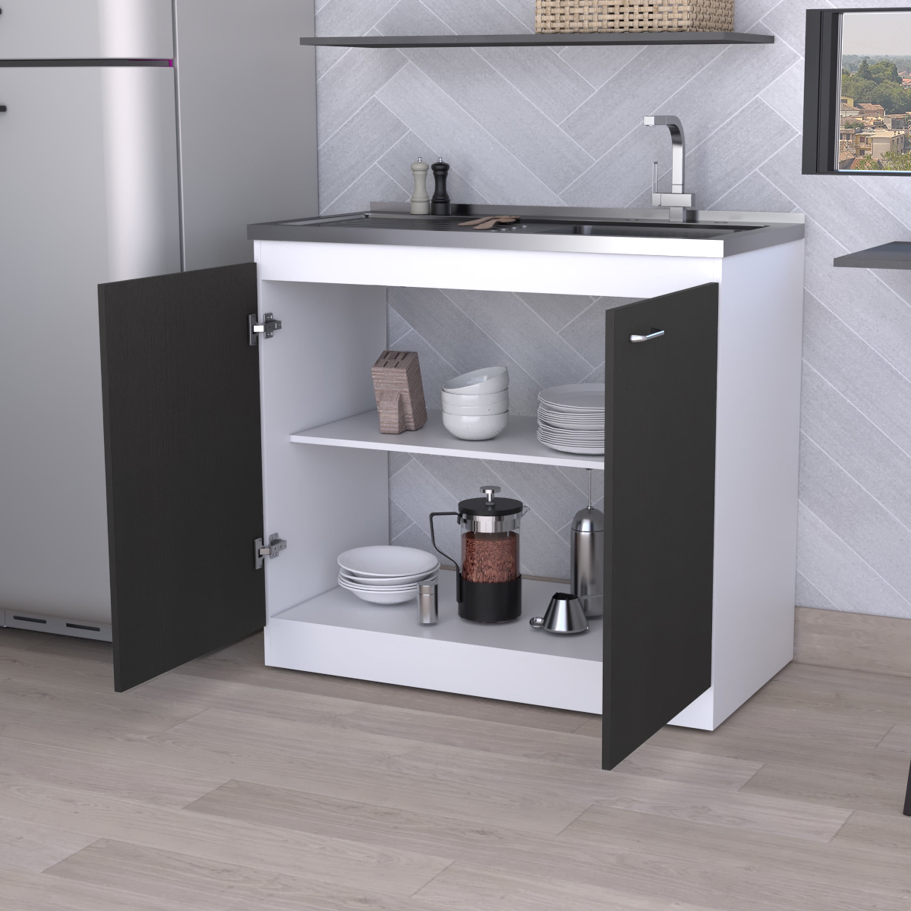 Miekor Furniture Oklahoma Utility Sink, Double Door Cabinet, Stainless Steel Countertop 0033