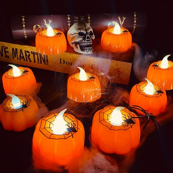 12 Pieces Halloween Pumpkin Tealights Candles with Spider Web Decor, LED Pumpkin Lights, Flame Less Candle Battery Operated, Halloween Fall Thanksgiving Home Fireplace Party Table Decorations