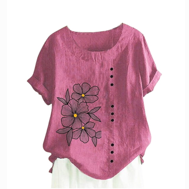 Blouses pour Femmes, T-Shirt d'Été à Col Rond Manches Courtes Mode Décontractée Imprimé Bouton