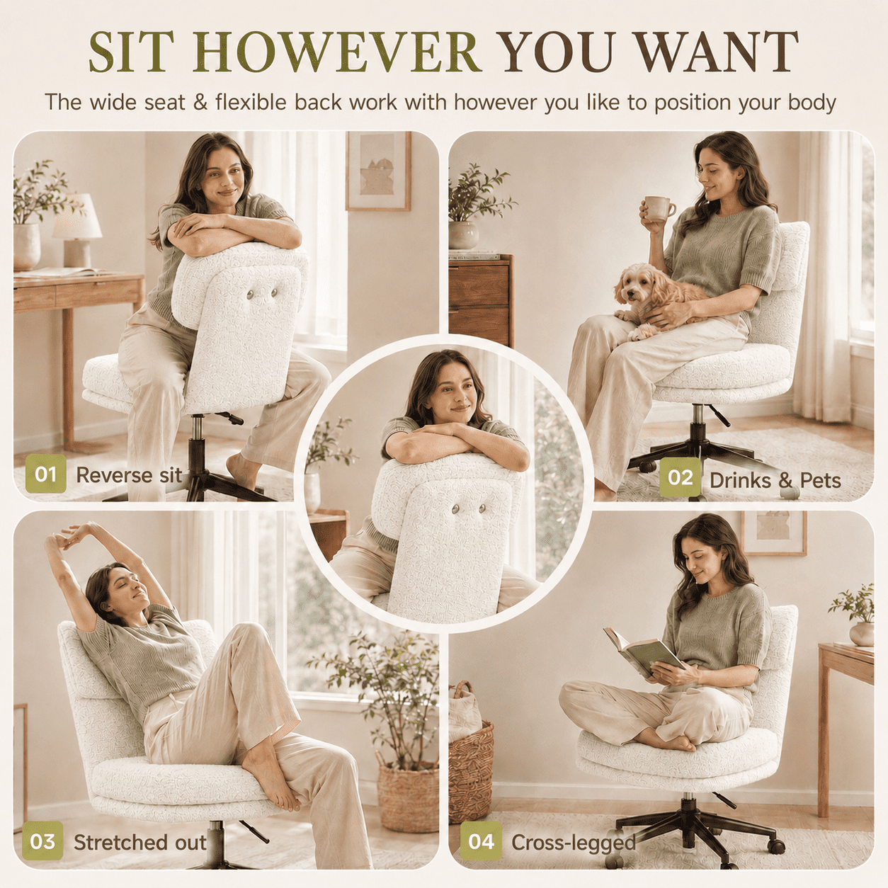 CLOUDREST PRO Mid Back Office Chair with Wheels, Armless Chairs with Adjustable Height, Wider Seat and Backrest, Sherpa Fabric Computer Desk Chair for Bedroom, Living Room,White