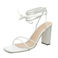 thumbnail image 6 of Women's Chunky Heels Strappy Trendy Dressy Party Shoes Square Toe Block Heel Sandals Ladies Tie Up Summer Heeled Shoes White 9, 6 of 7