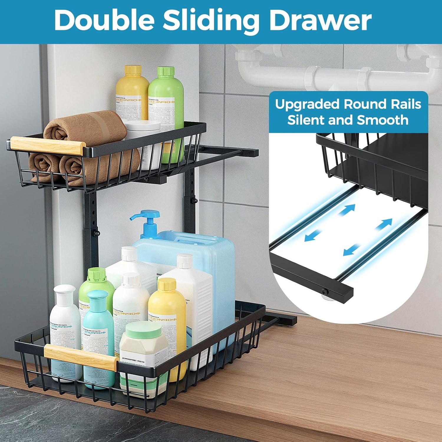 Under Sink Organizer 2 Pack, 2 Tier Pull Out Under Sink Organizers and Storage, Under Cabinet Organizer Shelf Drawers, Large Metal Adjustable Slide Out Under the Sink Organizer for Kitchen Bathroom.