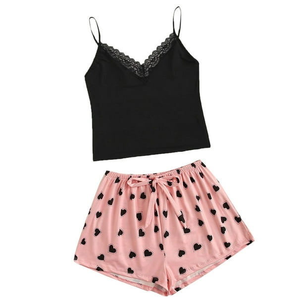 Gibobby Pijamas Mujer Verano Sexy Pijamas Conjunto de dos piezas de pijama con pantalones cortos de pijama sexy con estampado de para mujer(Rosa,G)