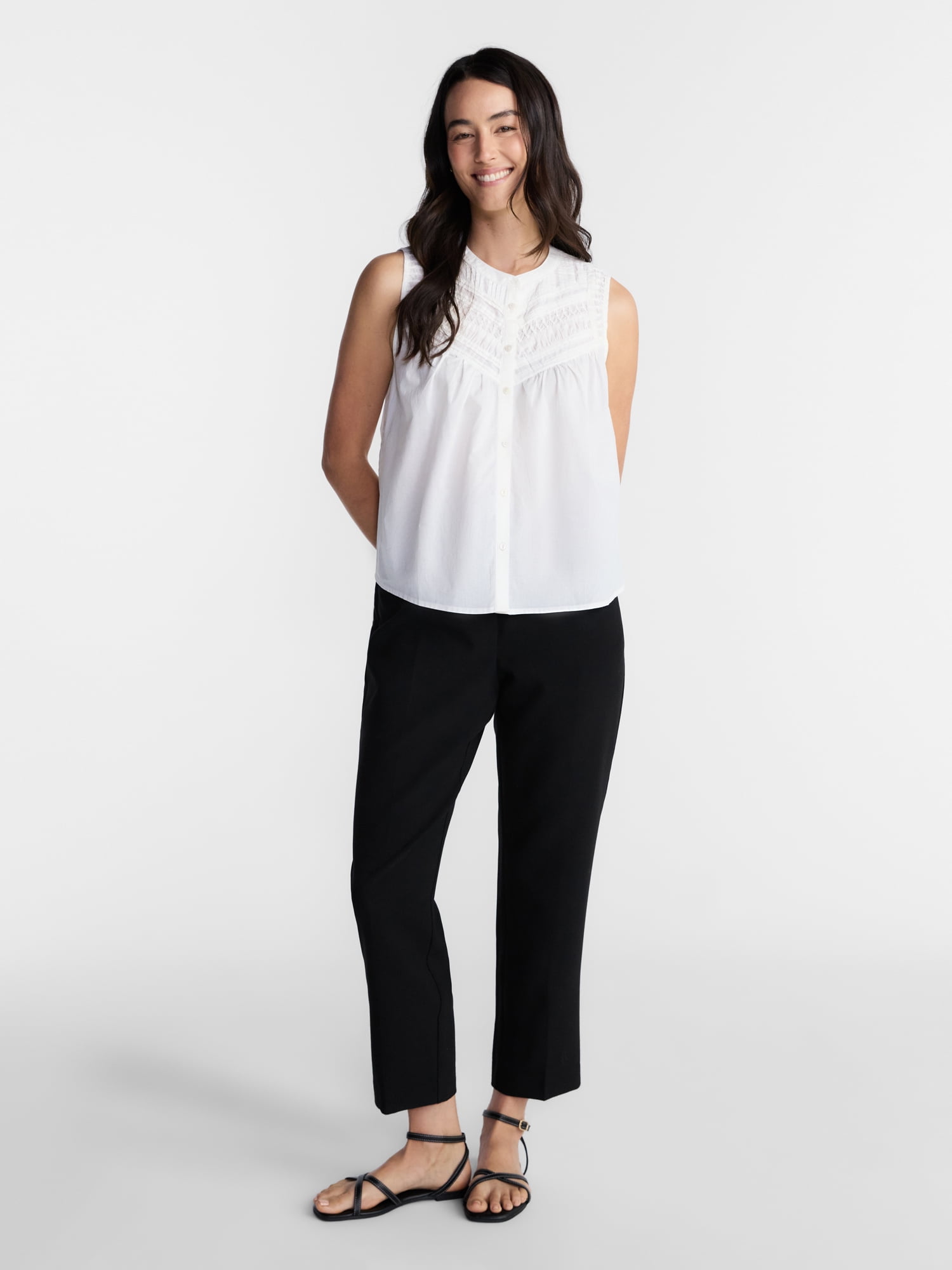 Time and Tru Women's Cotton Sleeveless Pleated Top, Sizes XS-XXXL