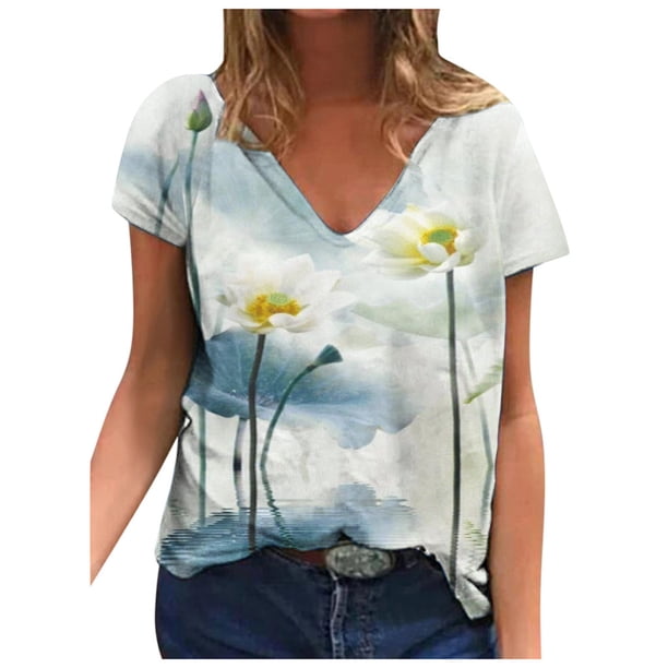 Moda Mujer Cuello en V Manga corta Impresión Jersey Blusas sueltas Tops Camiseta OAVQHLG3B Store lin121212